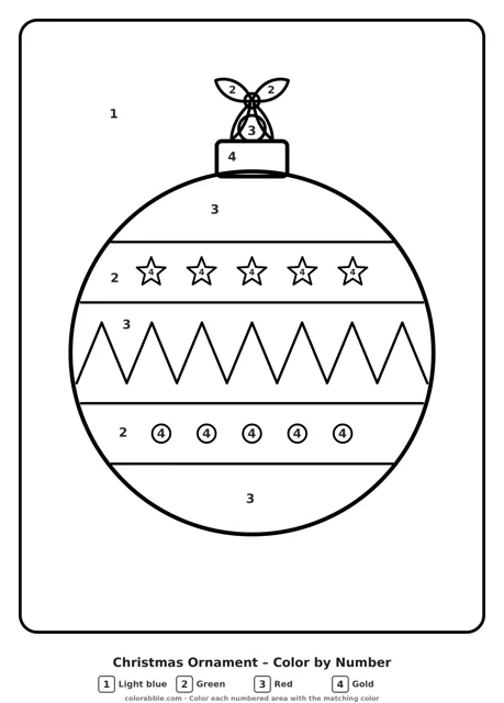 Christmas Ornament color by number page with numbered areas