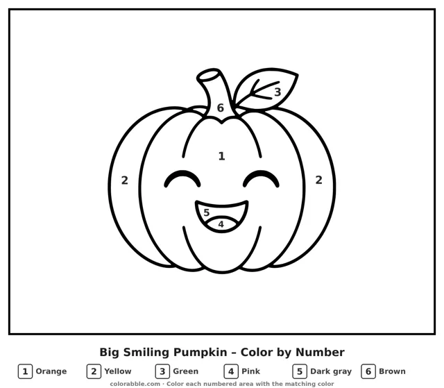 Big Smiling Pumpkin color by number page with numbered areas