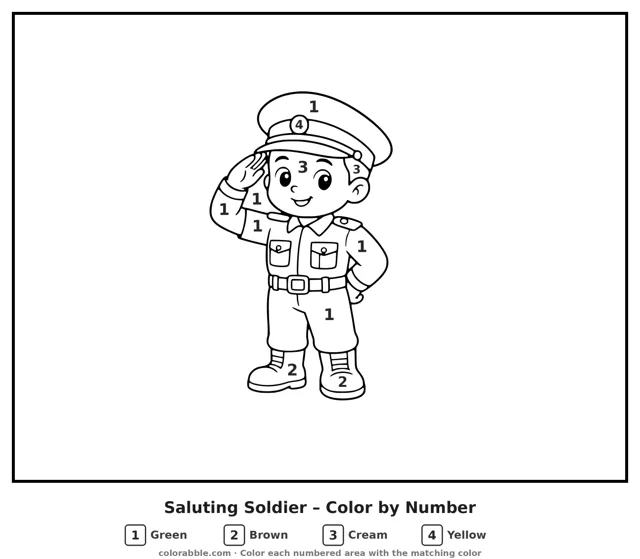 Saluting Soldier color by number page with numbered areas