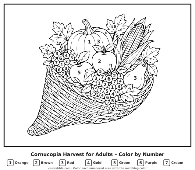 Cornucopia Harvest for Adults Thanksgiving color by number with numbered areas