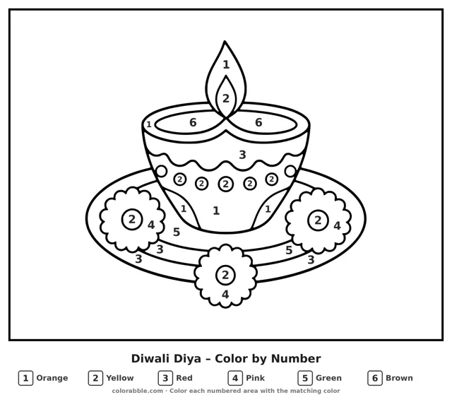Diwali Diya color by number page with numbered areas