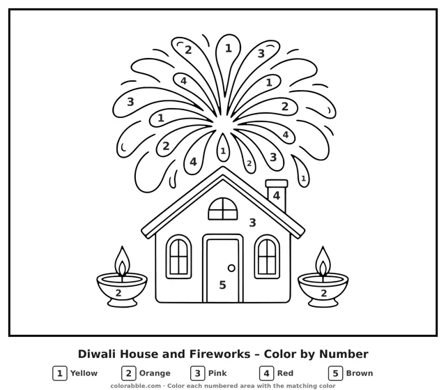 Diwali House and Fireworks color by number page with numbered areas
