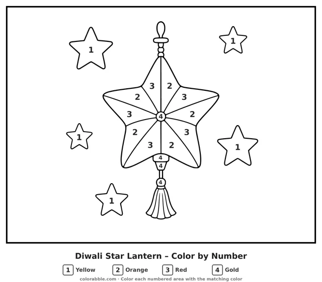 Diwali Star Lantern color by number page with numbered areas