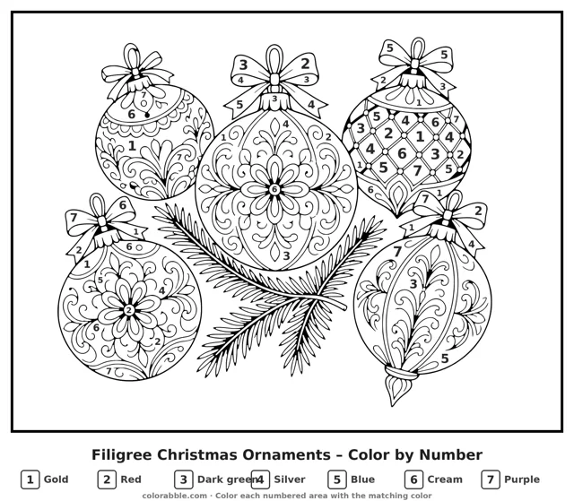 Filigree Christmas Ornaments color by number for adults with numbered areas