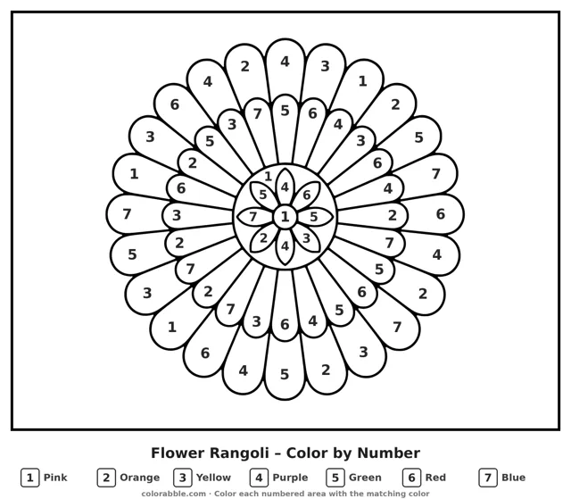 Flower Rangoli color by number page with numbered areas
