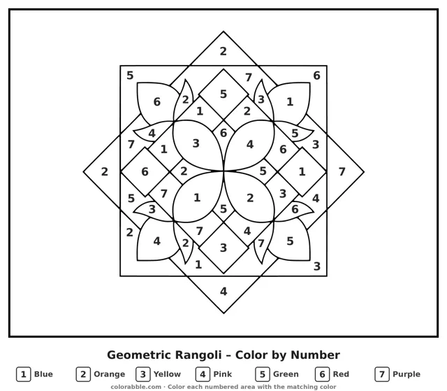 Geometric Rangoli color by number page with numbered areas