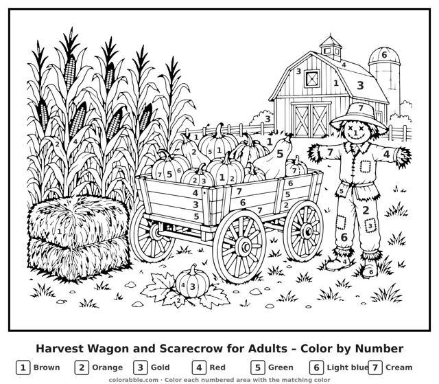 Harvest Wagon and Scarecrow for Adults Thanksgiving color by number with numbered areas