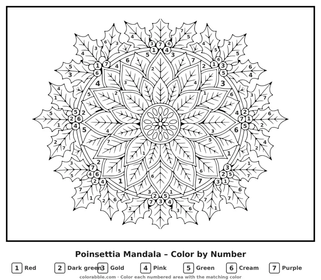 Poinsettia Mandala color by number for adults with numbered areas