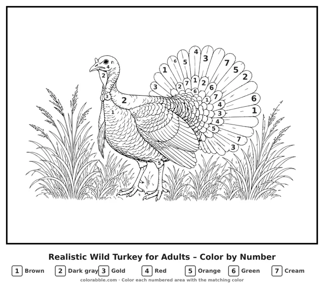 Realistic Wild Turkey for Adults Thanksgiving color by number with numbered areas