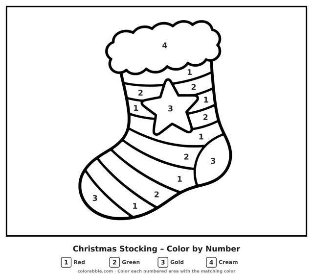 Christmas Stocking color by number page with numbered areas