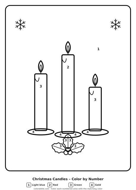 Christmas Candles color by number page with numbered areas