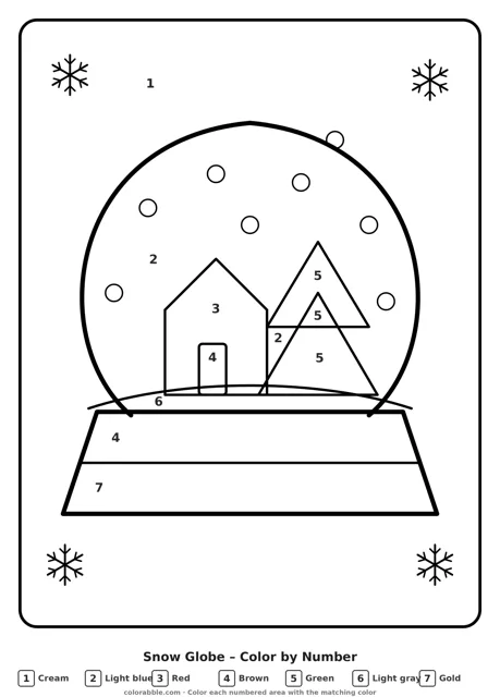 Snow Globe color by number page with numbered areas