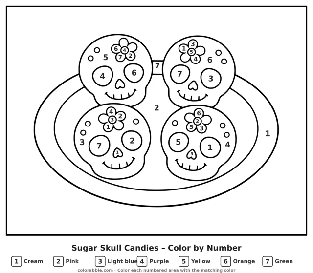 Sugar Skull Candies color by number page with numbered areas
