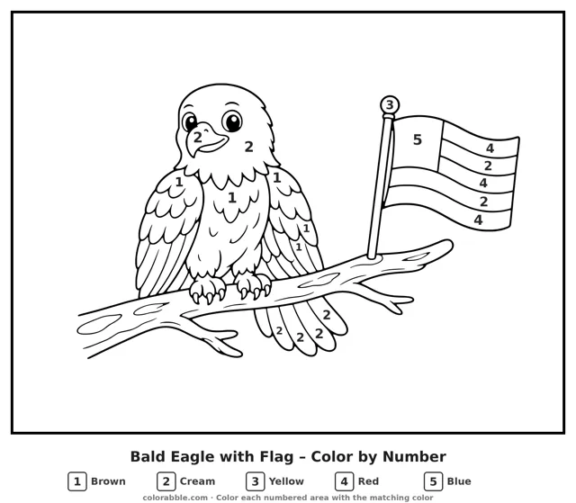 Bald Eagle with Flag color by number page with numbered areas
