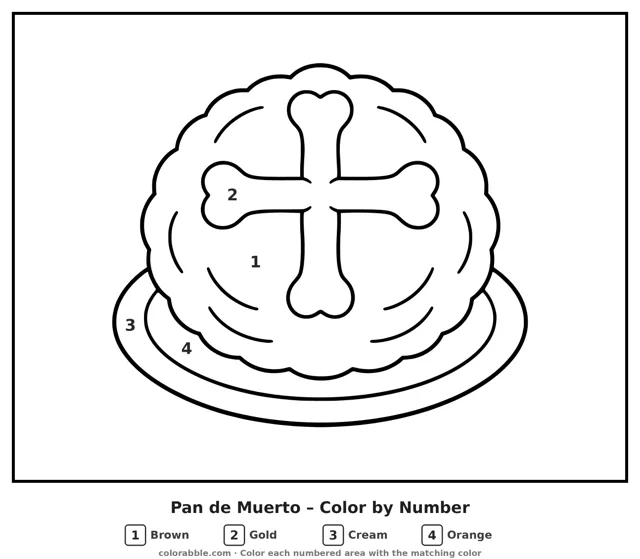 Pan de Muerto color by number page with numbered areas