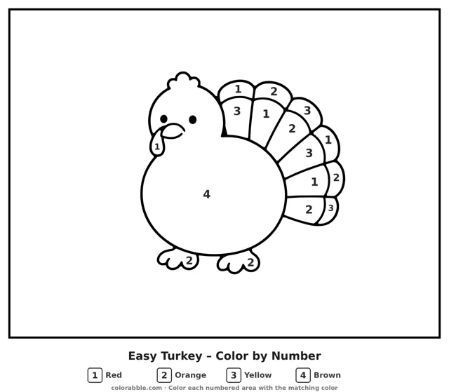 Easy Turkey color by number page with numbered areas