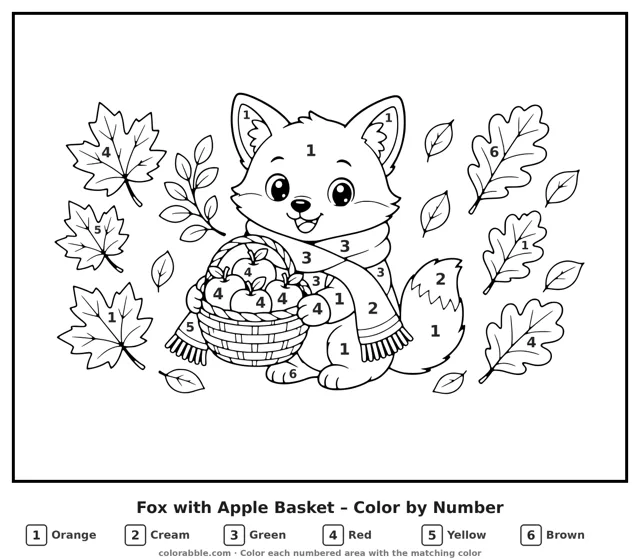 Fox with Apple Basket color by number page with numbered areas