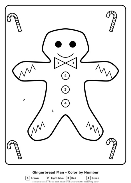 Gingerbread Man color by number page with numbered areas