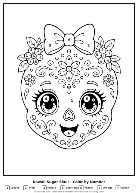 Kawaii Sugar Skull color by number page with numbered areas