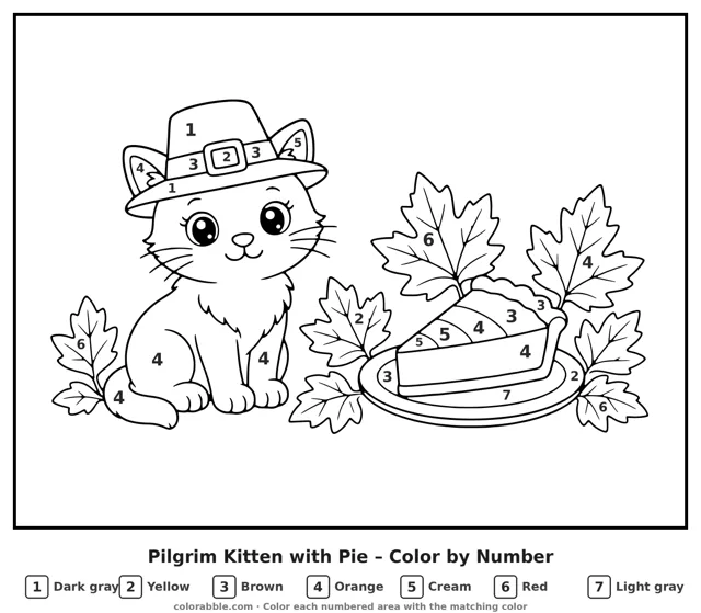 Pilgrim Kitten with Pie color by number page with numbered areas