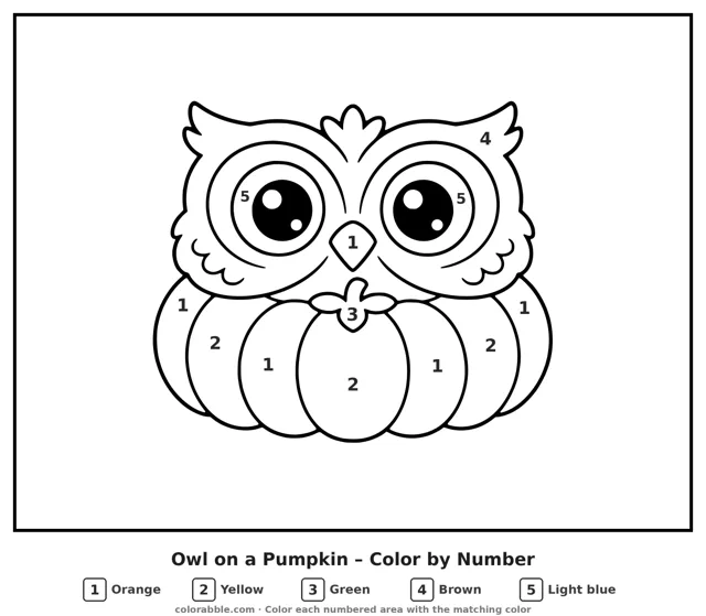 Owl on a Pumpkin color by number page with numbered areas