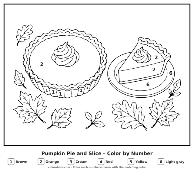 Pumpkin Pie and Slice color by number page with numbered areas