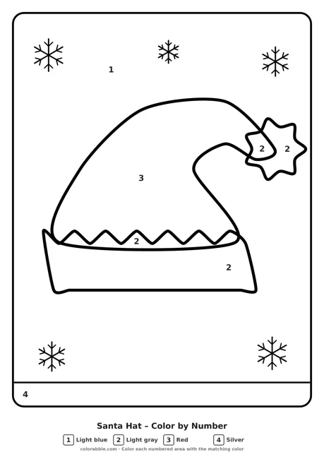 Santa Hat color by number page with numbered areas