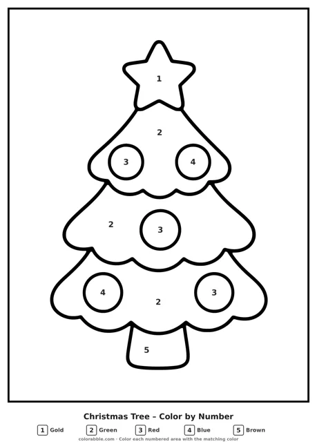 Christmas Tree color by number page with numbered areas