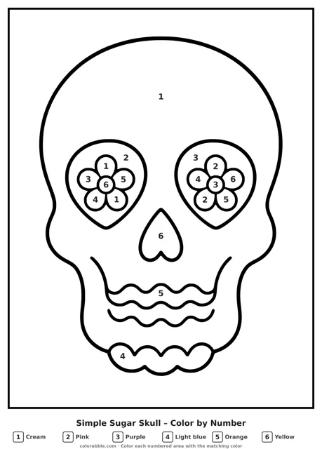 Simple Sugar Skull color by number page with numbered areas