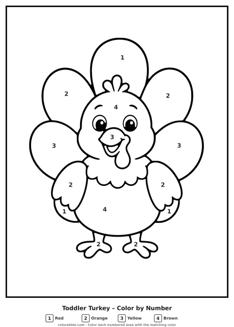 Toddler Turkey color by number page with numbered areas