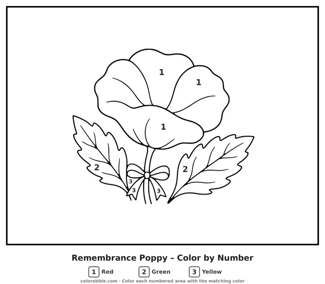 Remembrance Poppy color by number page with numbered areas