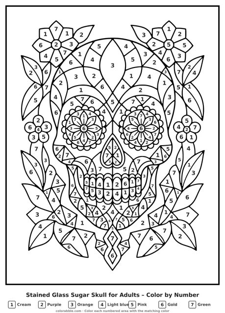 Stained Glass Sugar Skull for Adults Day of the Dead color by number with numbered areas