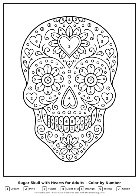 Sugar Skull with Hearts for Adults Day of the Dead color by number with numbered areas