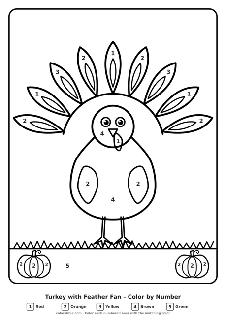 Turkey with Feather Fan color by number page with numbered areas