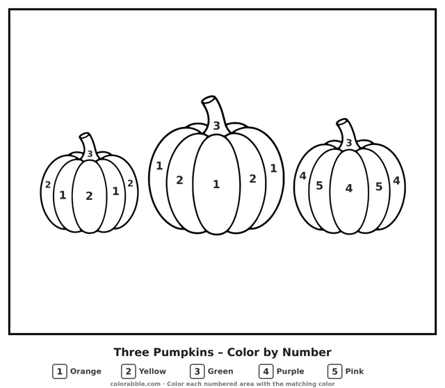 Three Pumpkins color by number page with numbered areas