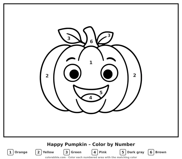 Happy Pumpkin color by number page with numbered areas