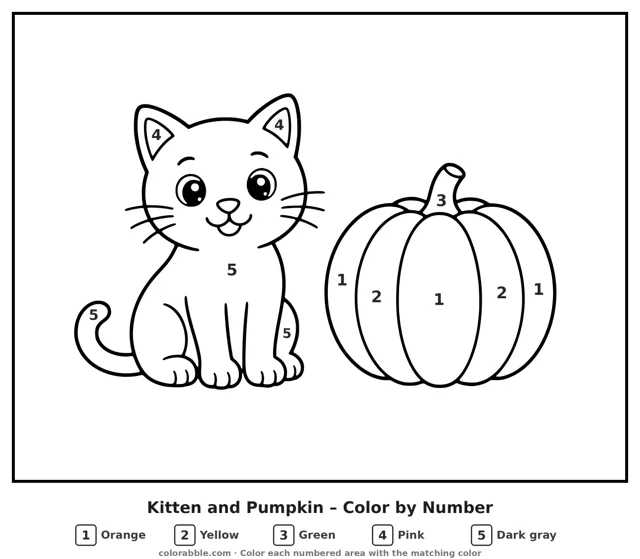 Kitten and Pumpkin color by number page with numbered areas