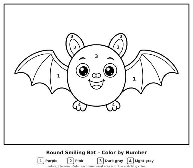 Round Smiling Bat color by number page with numbered areas