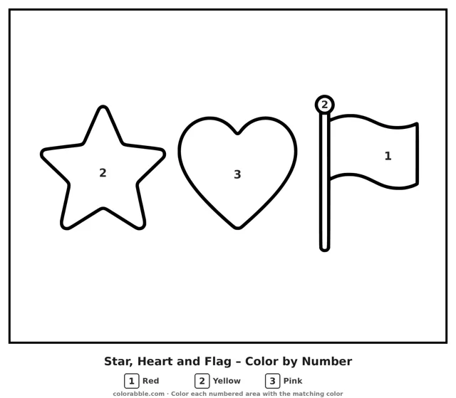 Star, Heart and Flag color by number page with numbered areas