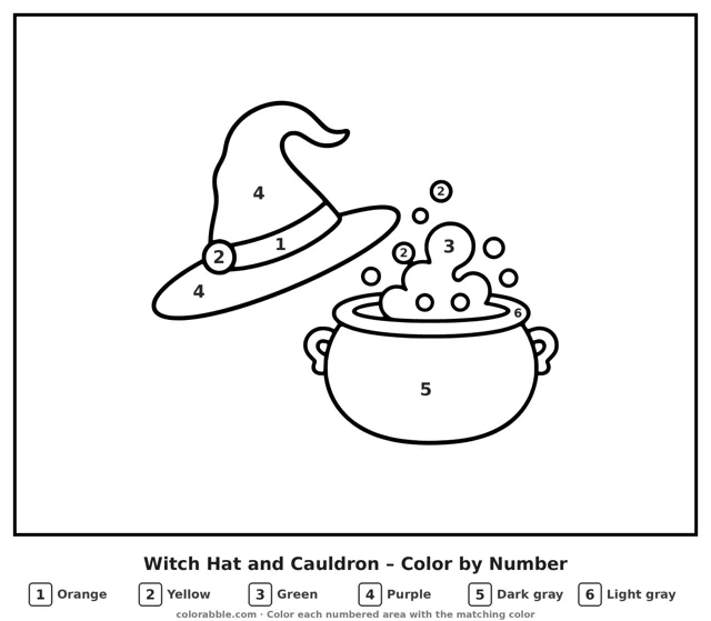Witch Hat and Cauldron color by number page with numbered areas