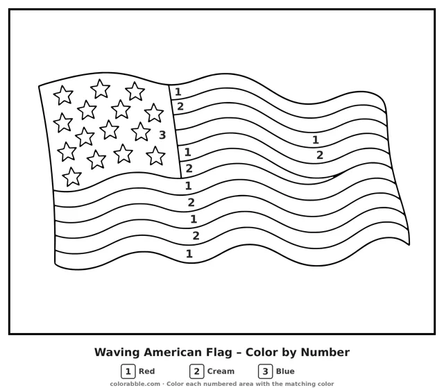 Waving American Flag color by number page with numbered areas
