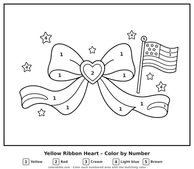 Yellow Ribbon Heart color by number page with numbered areas