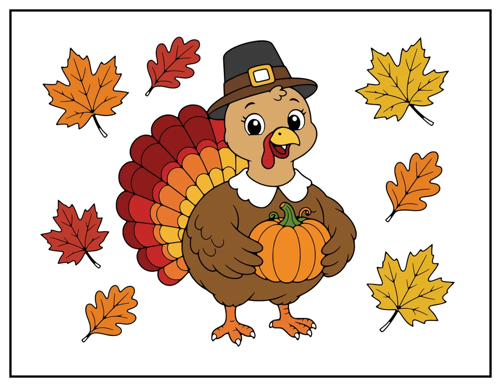 Colored example of the Cute Turkey in a Pilgrim Hat with a Pumpkin coloring page: a brown turkey in a dark pilgrim hat with a gold buckle, holding an orange pumpkin, with red, orange and gold leaves