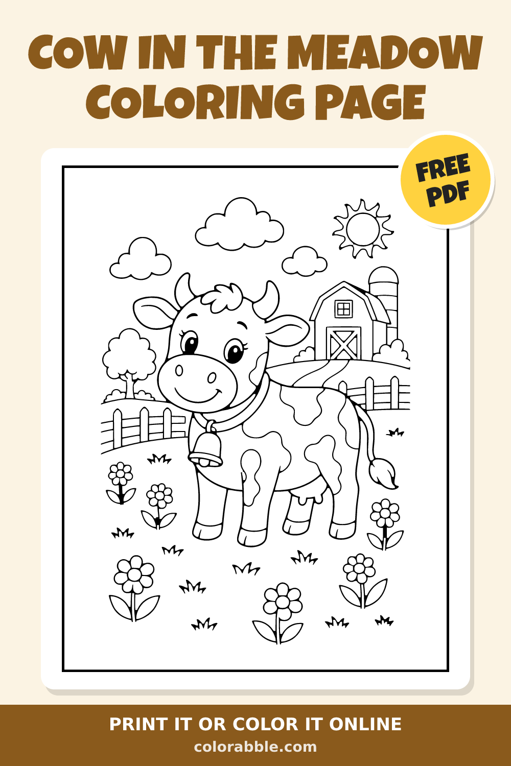 Cow in the Meadow Coloring Page – Free PDF | Colorabble