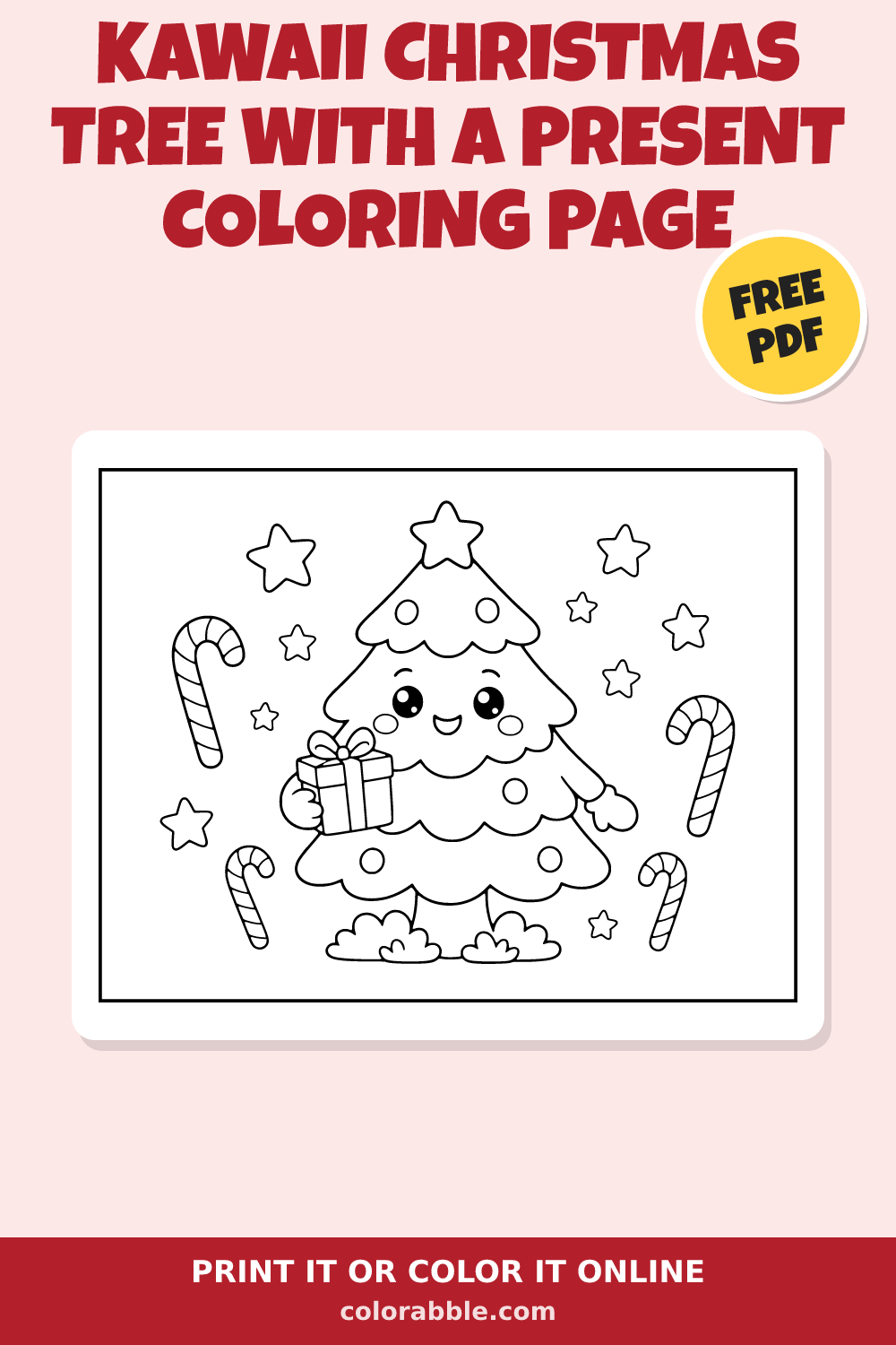 Kawaii Christmas Tree with a Present Coloring Page