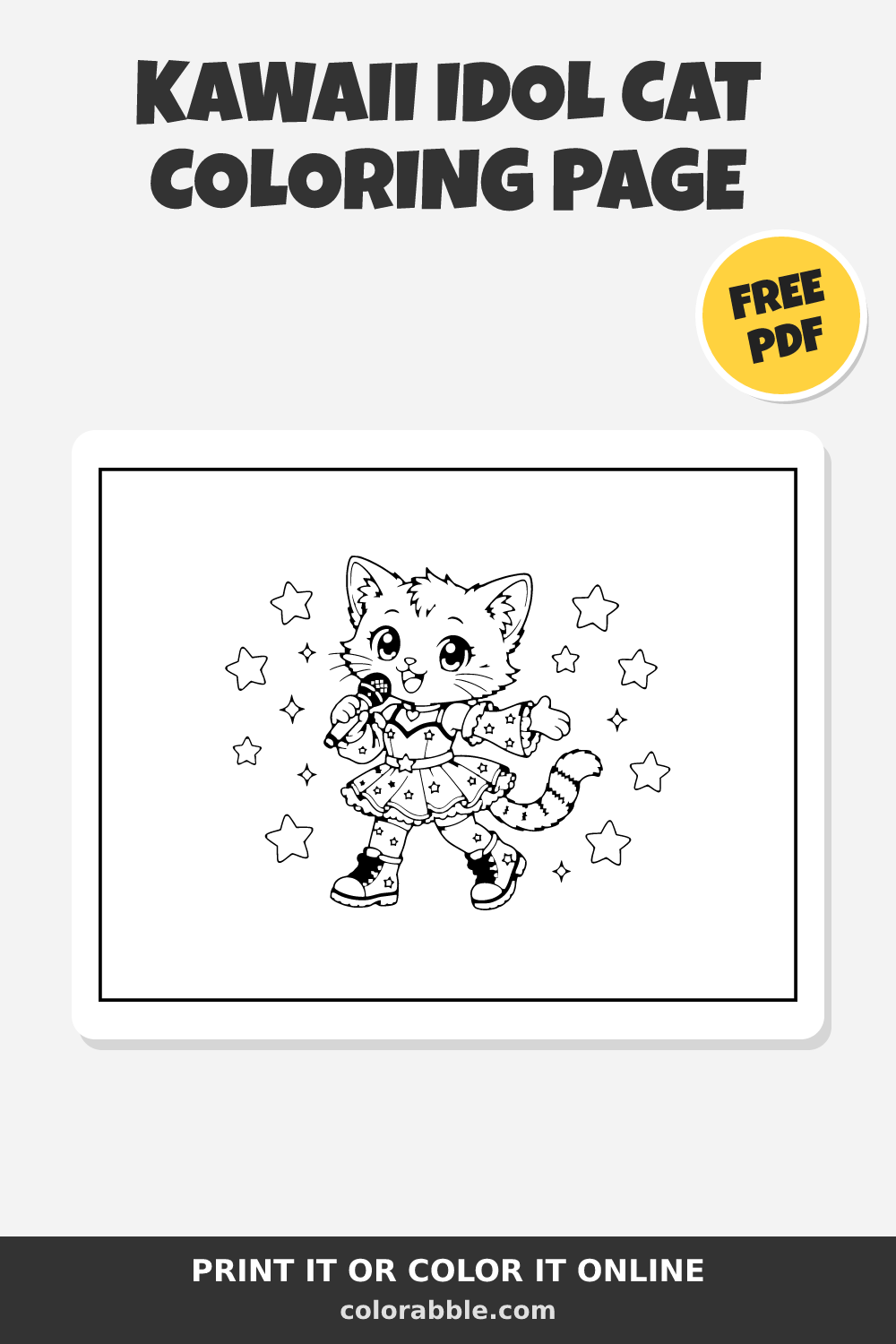 Kawaii Idol Cat Coloring Page – Free PDF | Colorabble