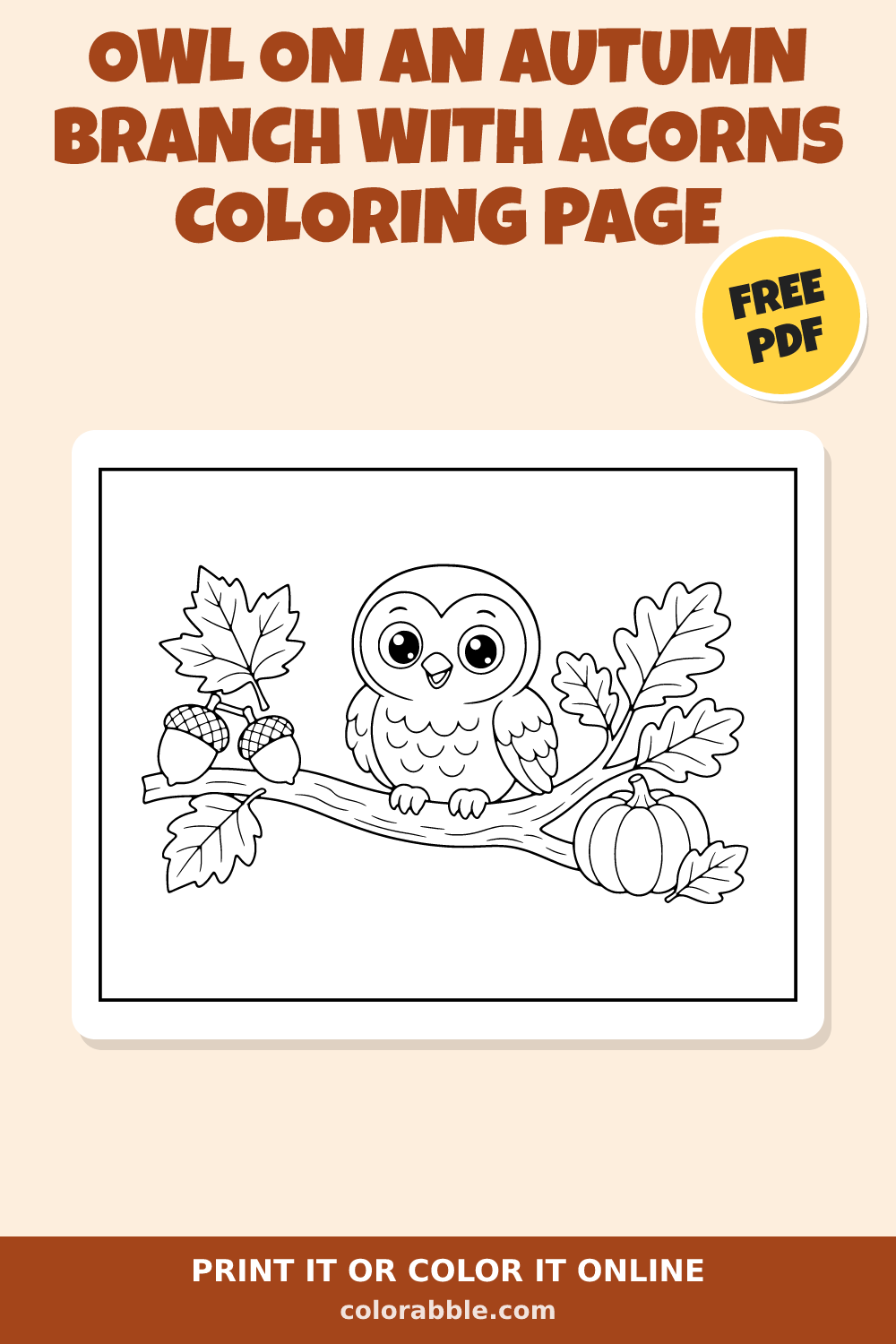Owl on an Autumn Branch with Acorns Coloring Page – Free PDF