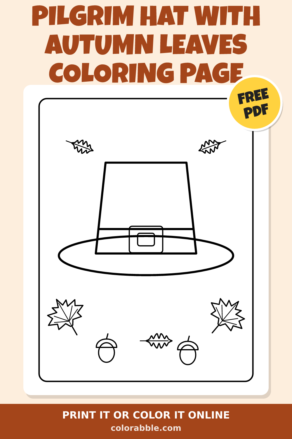Pilgrim Hat with Autumn Leaves Coloring Page | Colorabble