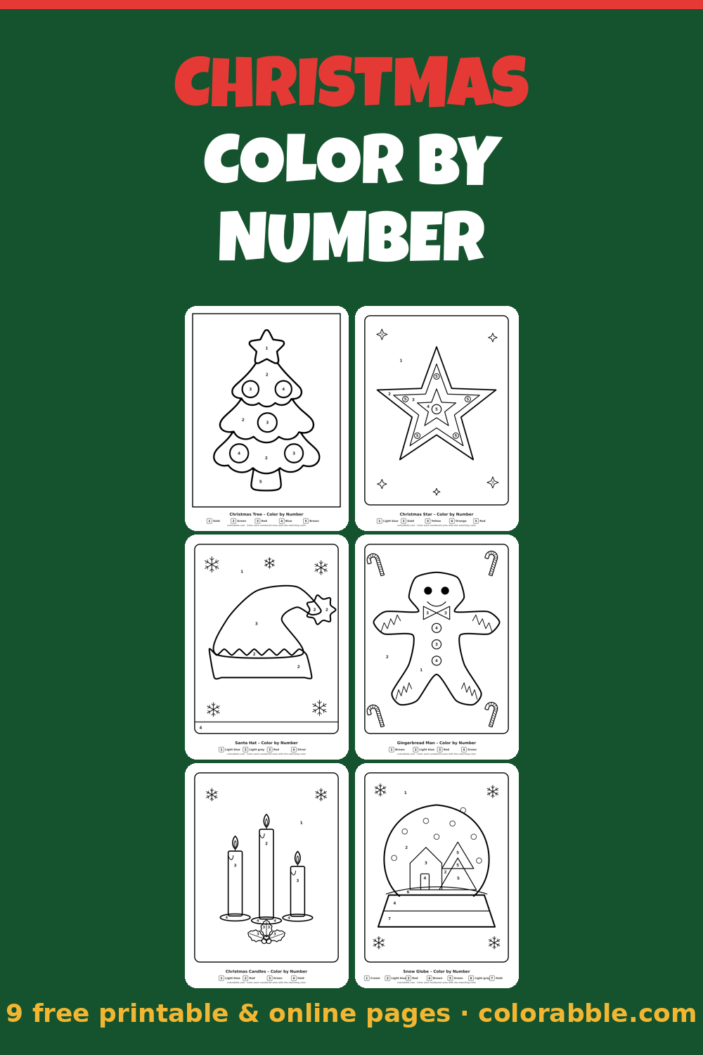 9 Christmas color by number pages – preview of the free PDF pack