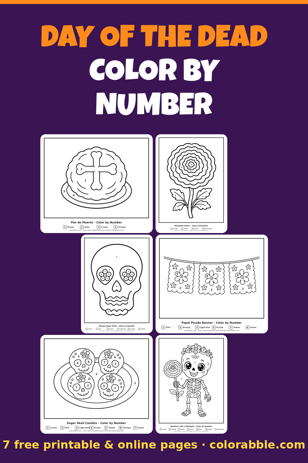 7 Day of the Dead color by number pages – preview of the free PDF pack